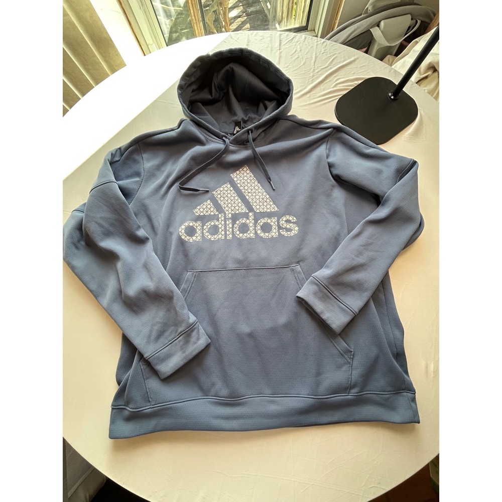 Adidas Climawarm Blue Gray Graphic Logo Hoodie Mens Pullover Sweatshirt L